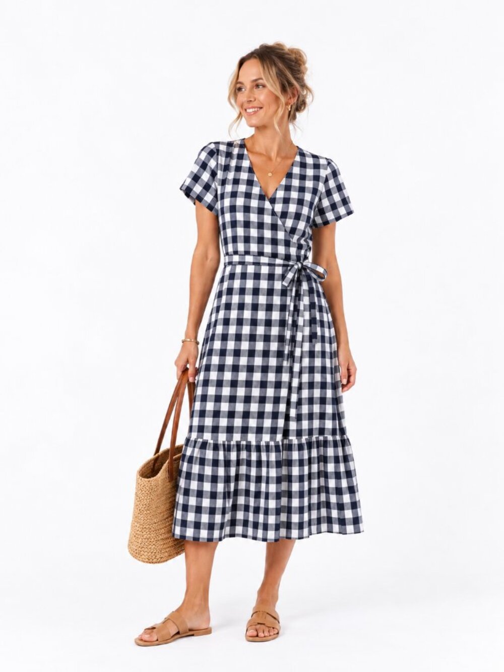 Gap Gingham Wrap Midi Dress Navy White Tie Waist Ruffle Hem Size M